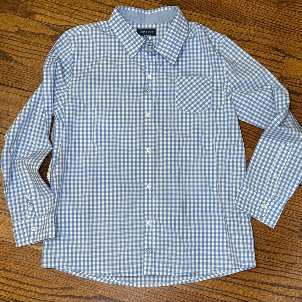 Andy & Evan Boys Shirt Collared Button Down Blue Check Size 12